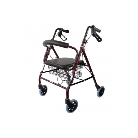 Andador para ancianos aluminio plegable frenos de maneta asiento y respaldo con 4 ruedas en color burdeos 