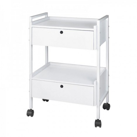 Chariot Easy Plus en métal blanc : équipé de deux étagères et de deux tiroirs verrouillables