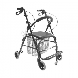 Andador de aluminio 4 ruedas con asiento, cesta y frenos